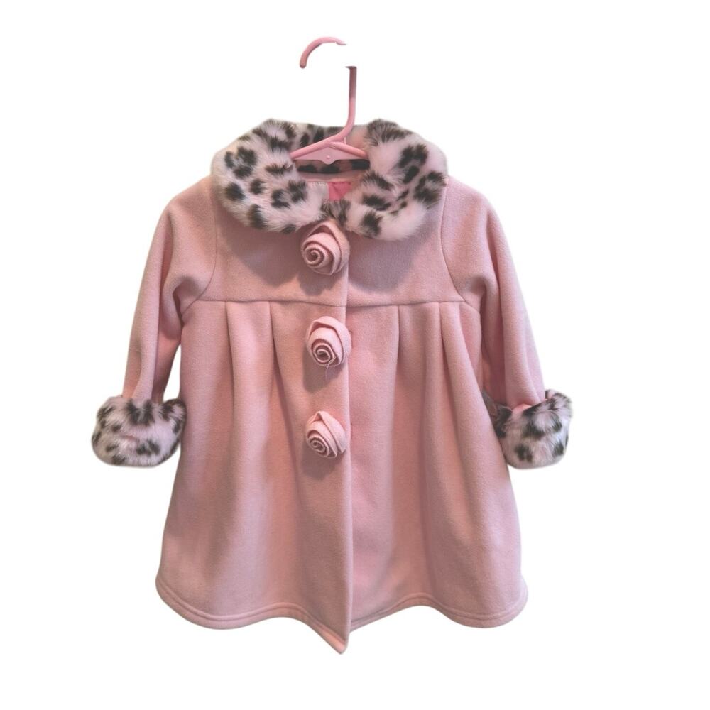 Sophie Rose Pink Faux Fur Cheetah Print Collared Cuffed Pea Coat Toddler 18 Mnth